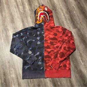 A Bathing Ape Tiger Shark Zip Up Hoodie Red Blue Camouflage Mens 2XL Distressed